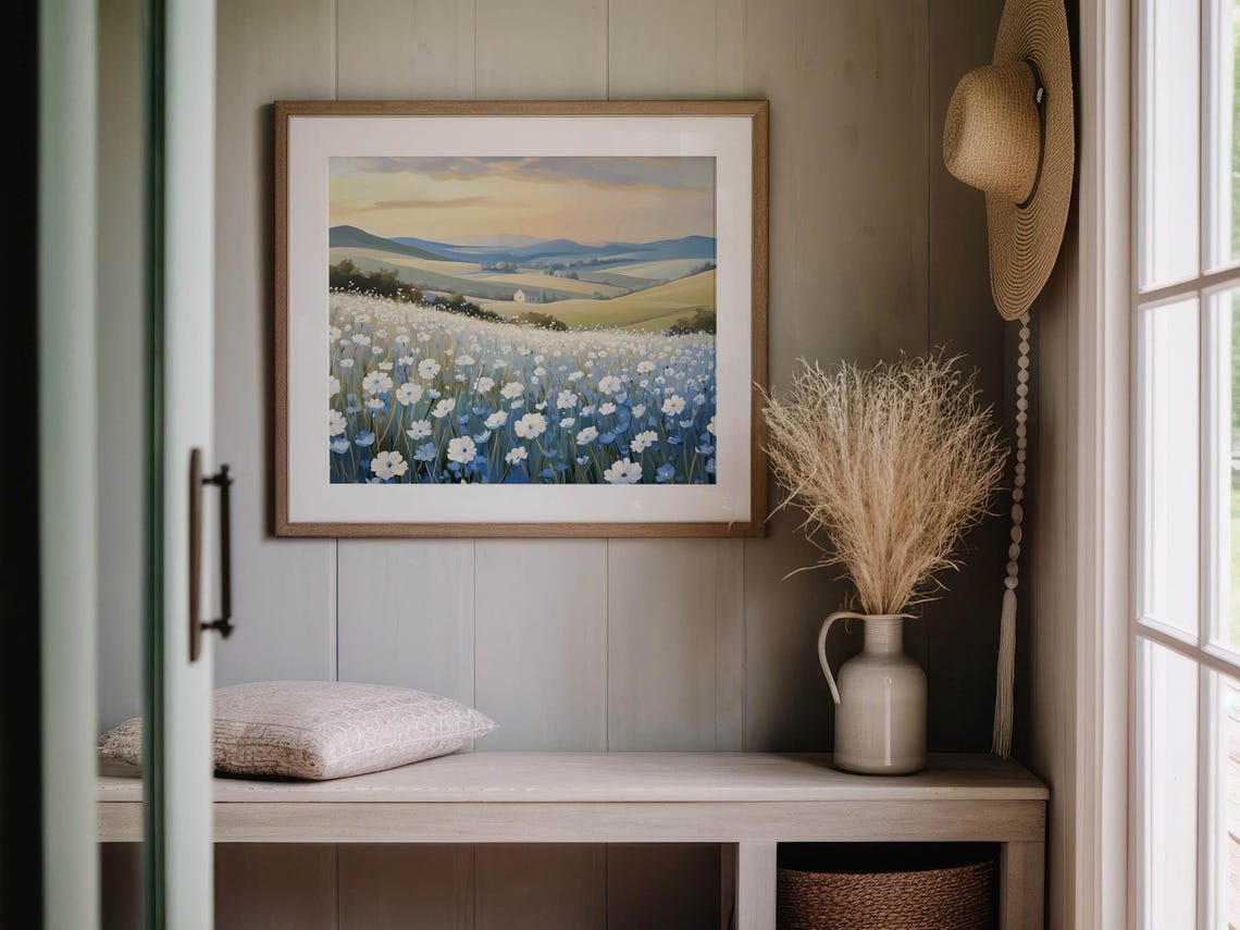 Blue and White Wildflower Meadow Sunset Hillside Country Art Print - Image 4