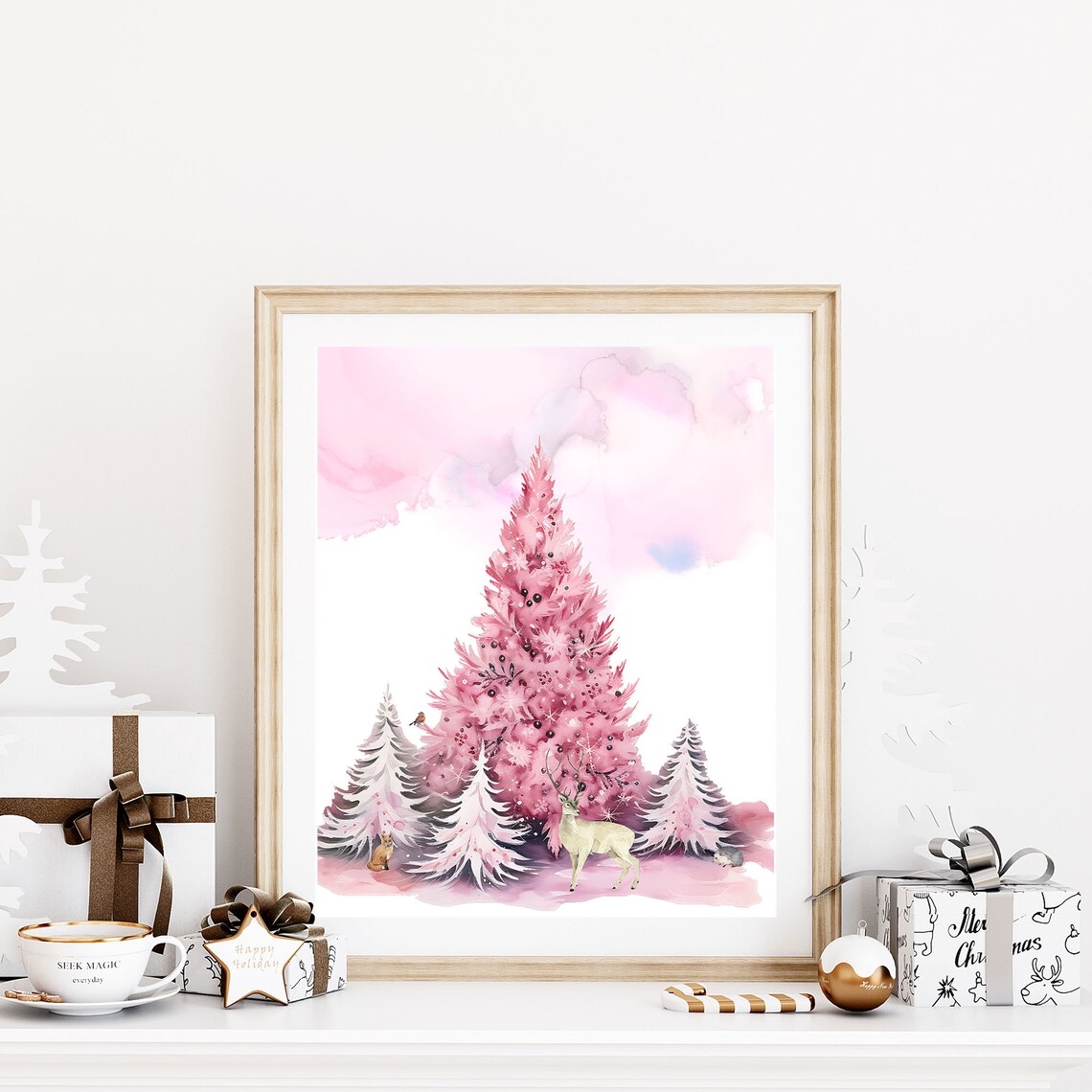 Pink Watercolor Christmas Trees Woodland Deer Holiday Poster - Image 7