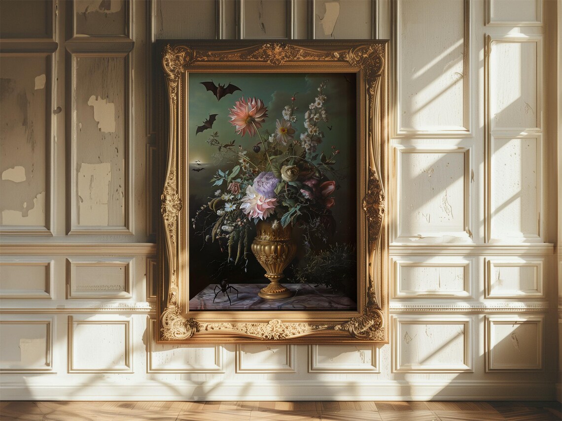 Dark Floral Still Life Bats Spider Gothic Halloween Art Poster - Image 7