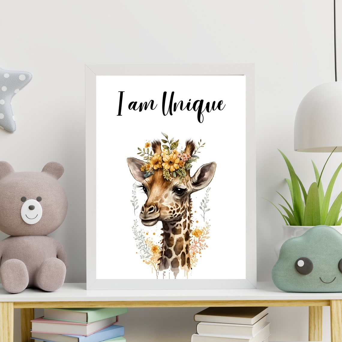 I Am Unique Giraffe Watercolor Flower Crown Nursery Kids Poster - Image 8