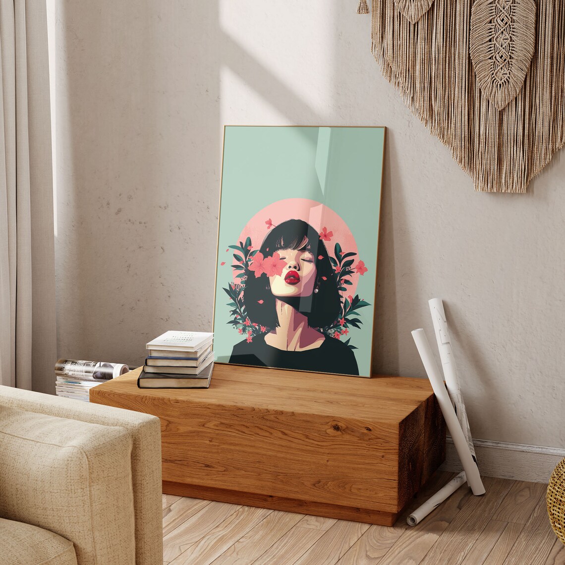 Neo Pop Woman with Flowers on Face Vintage Style Portrait Wall Art - Image 3