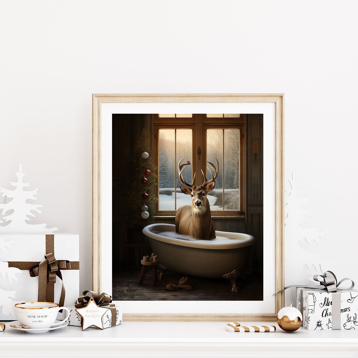 Funny Reindeer In Bathtub Snowy Window Rustic Winter Art Poster - Image 4