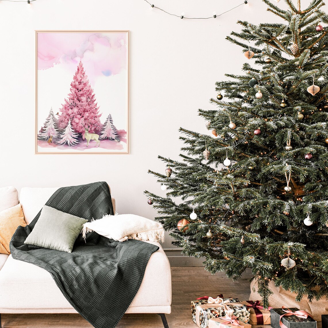 Pink Watercolor Christmas Trees Woodland Deer Holiday Poster - Image 2