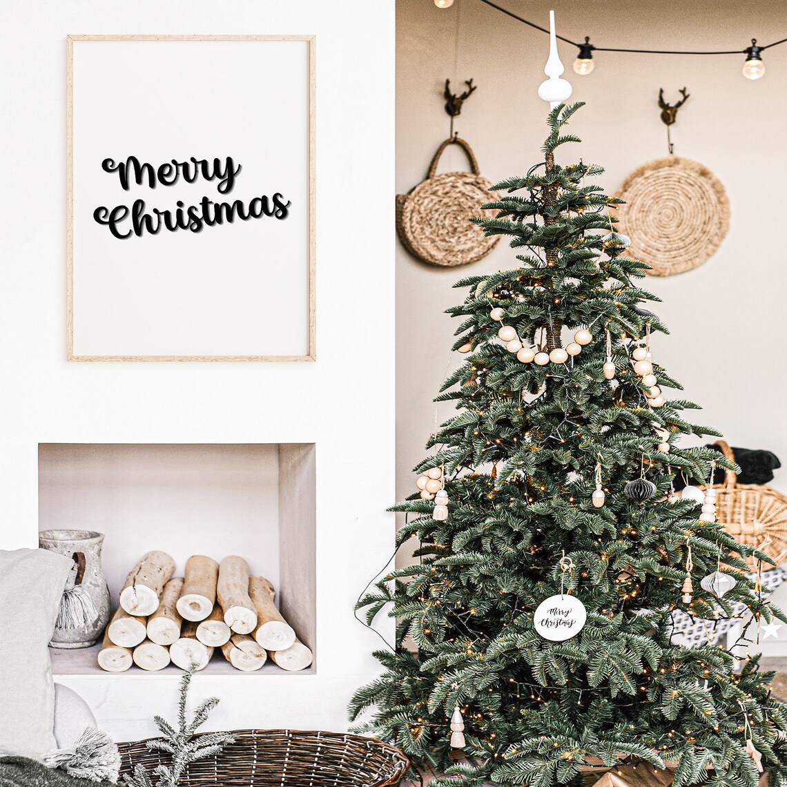 Merry Christmas Script Minimalist Black White Holiday Poster - Image 3