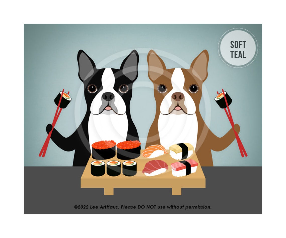 Two Boston Terriers Eating Sushi With Chopsticks Funny Dog Poster - Image 4