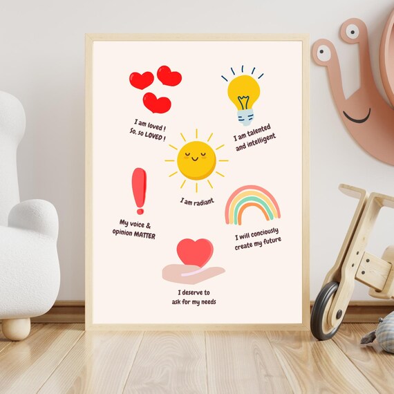 Kids Daily Affirmations Cute Colorful Icons Positive Mindset Poster