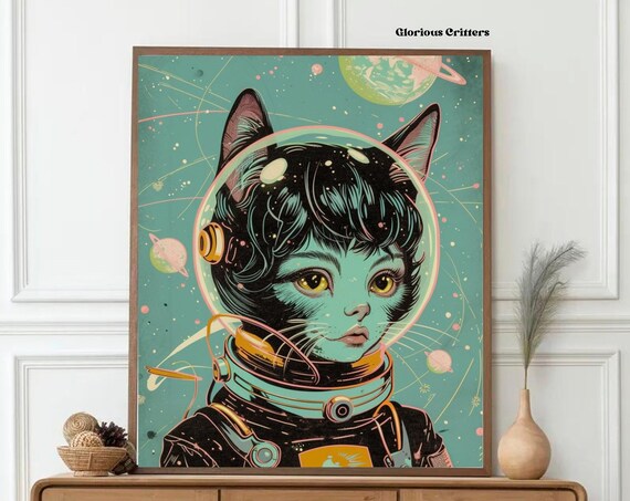 Retro Teal Cat Astronaut Girl Planets Space Illustration Poster