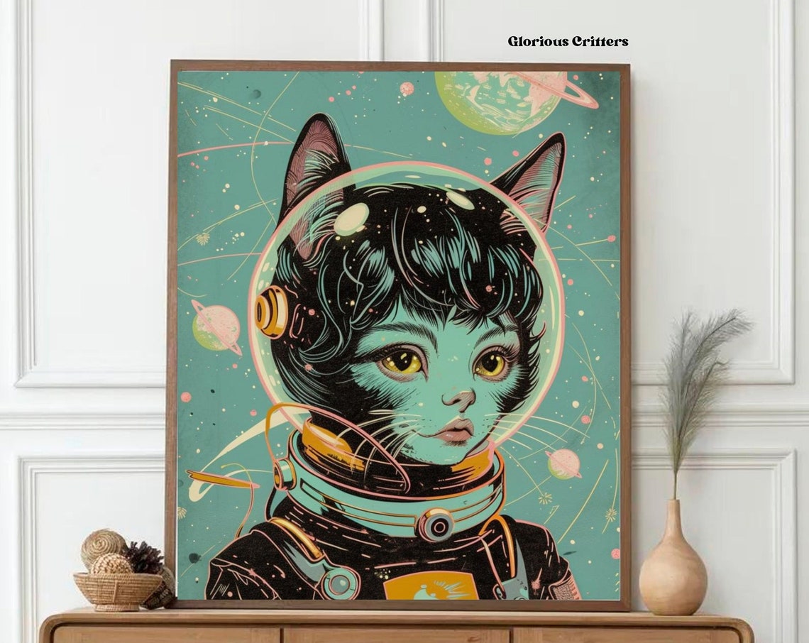 Retro Teal Cat Astronaut Girl Planets Space Illustration Poster