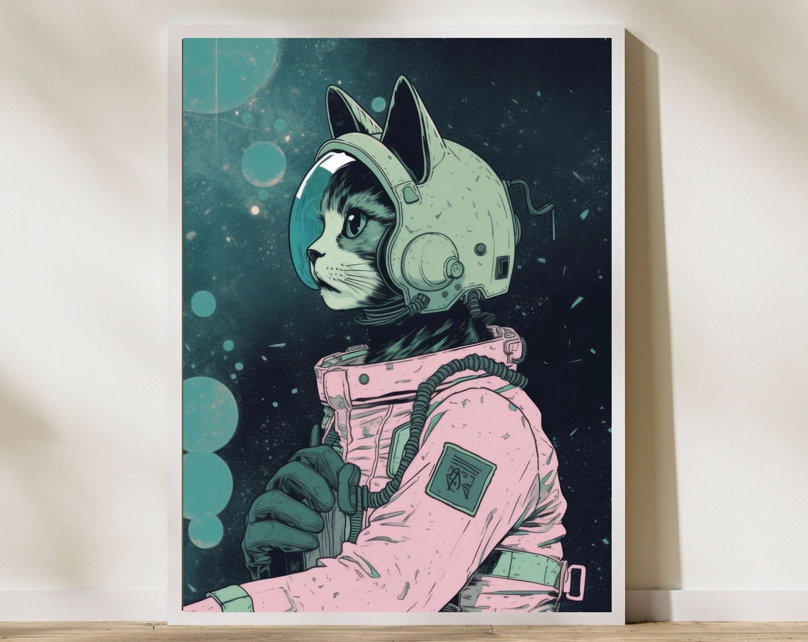 Cute Cat Astronaut Portrait in Pink Spacesuit Retro Space Poster