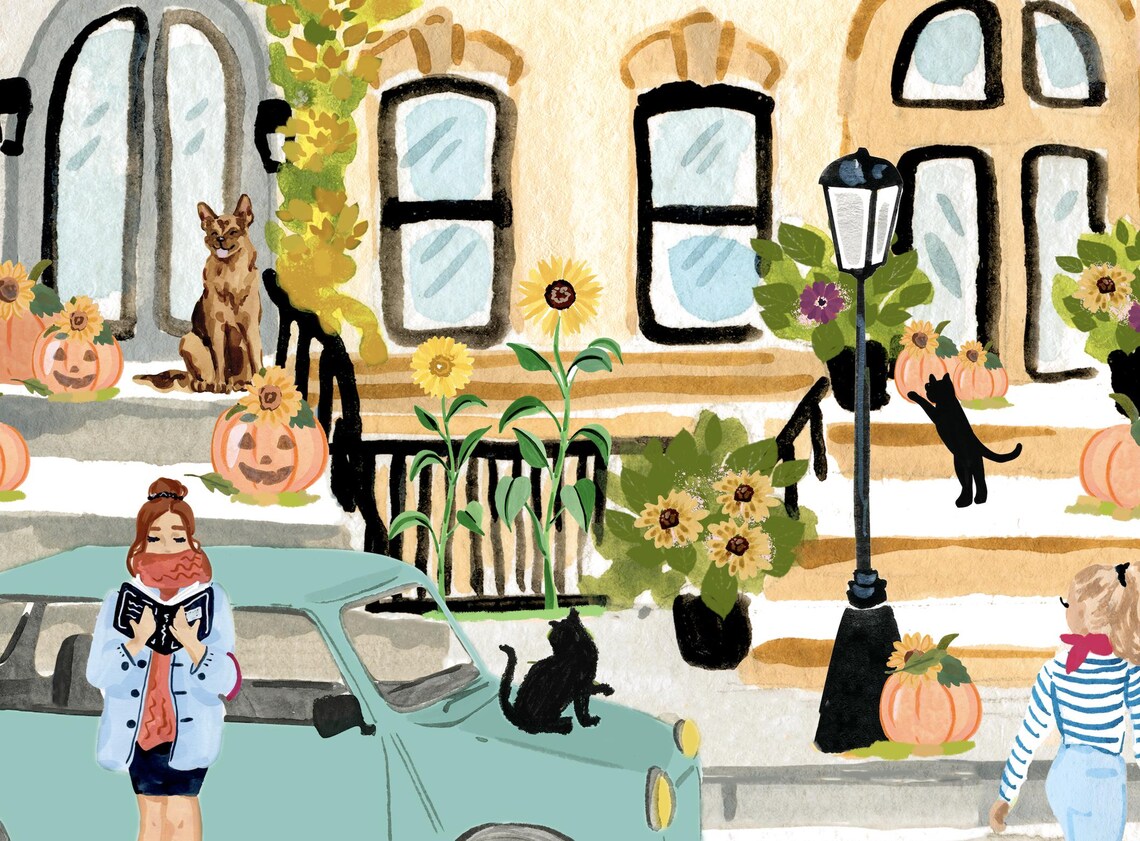 Fall City Watercolor Art Print, Pastel Autumn Decor - Image 2