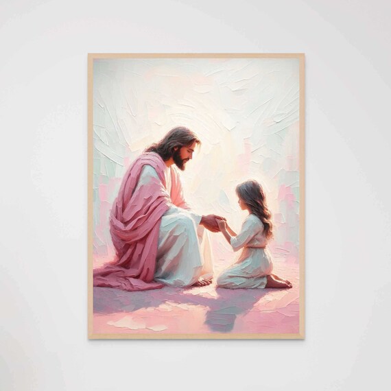 Jesus Kneeling With Little Girl in White Soft Pastel Art Poster