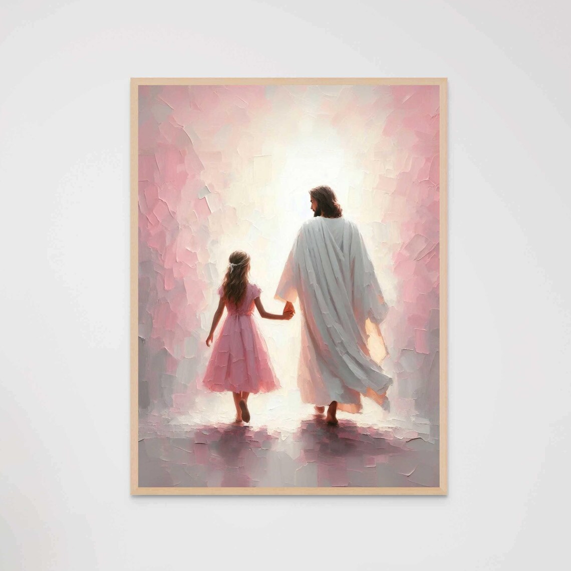 Jesus Walking Away With Girl Hand In Hand Pink Mist Light Christian Poster - Image 7