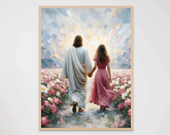 Jesus Walking Hand in Hand With Woman in Flower Field Art Poster