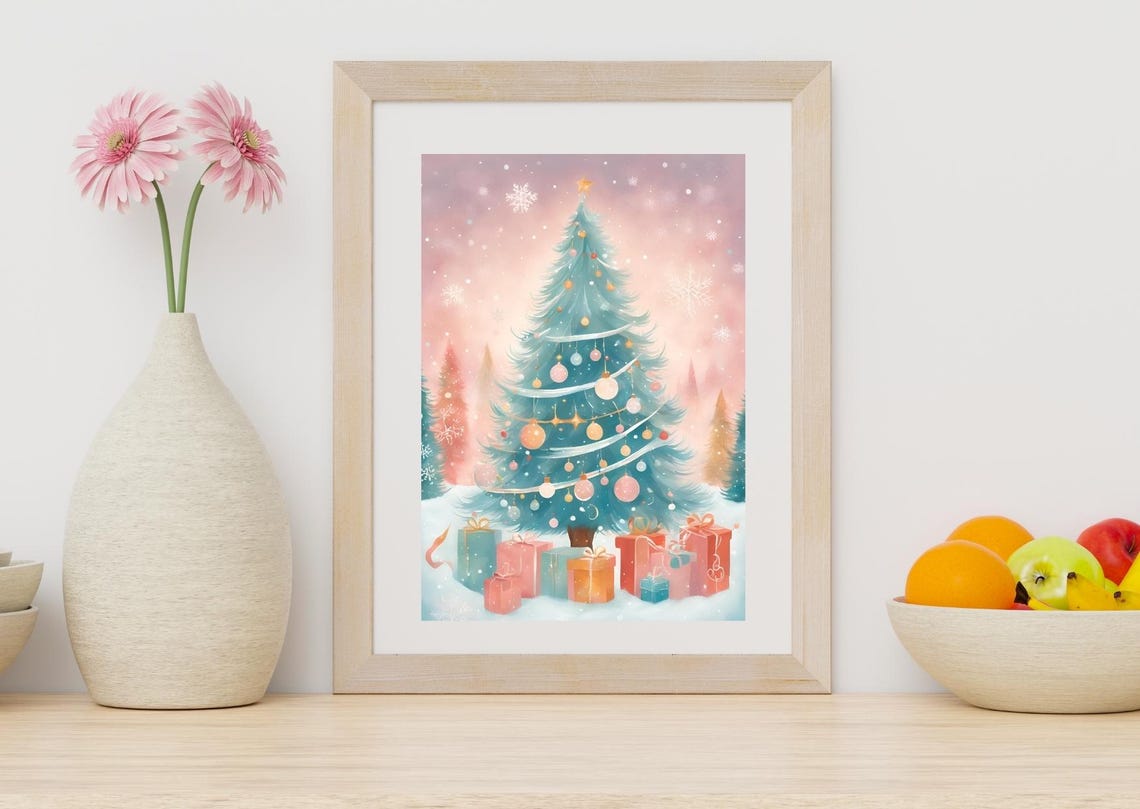 Pastel Christmas Tree Gifts Snowy Pink Nursery Holiday Wall Art