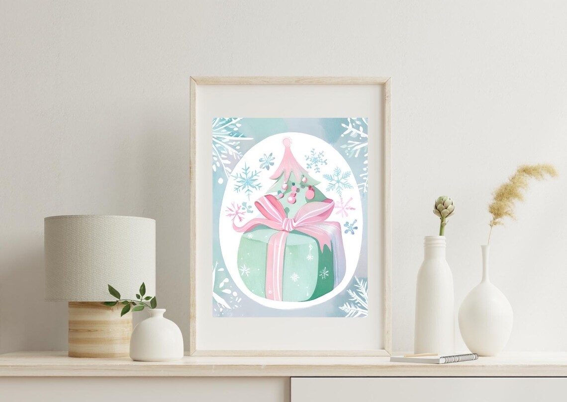 Pastel Gift Box Christmas Tree Ornament In Oval Watercolor Poster