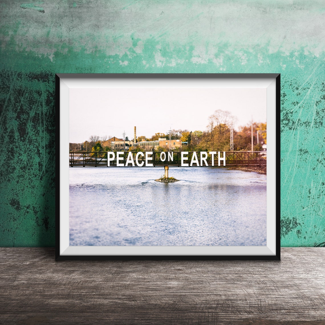 Peace On Earth Lettering Across a River Bridge Holiday Photo Poster