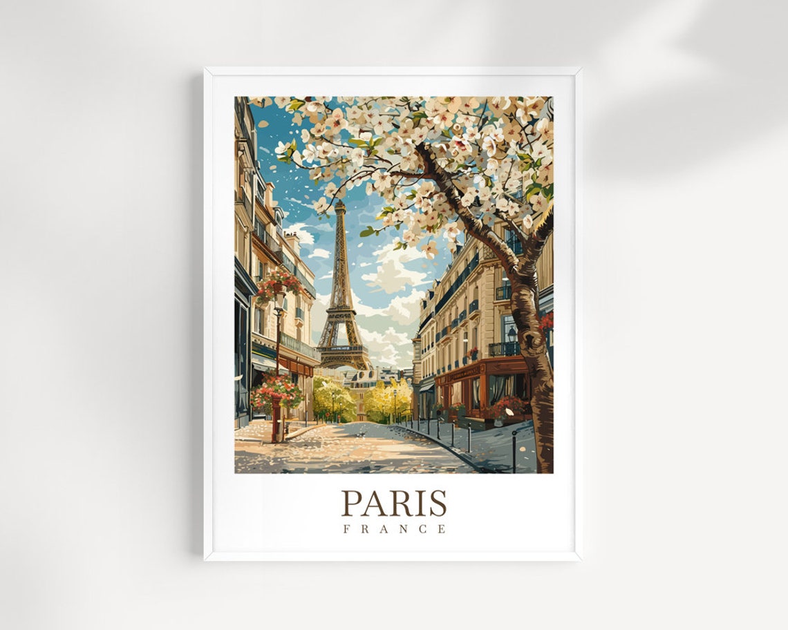 Paris France Cherry Blossom Street With the Eiffel Tower Poster