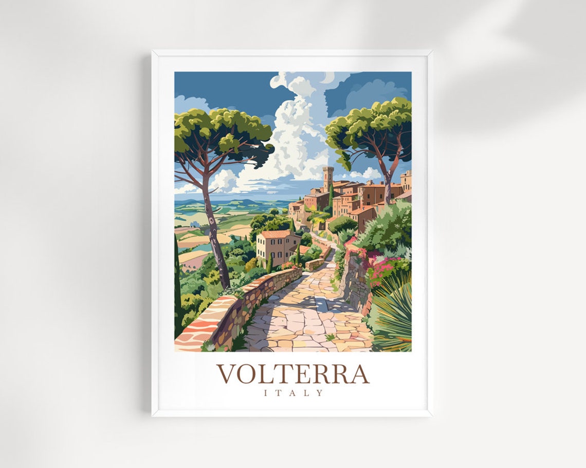 Volterra Italy Stone Path Pine Trees Hill Town Travel Poster