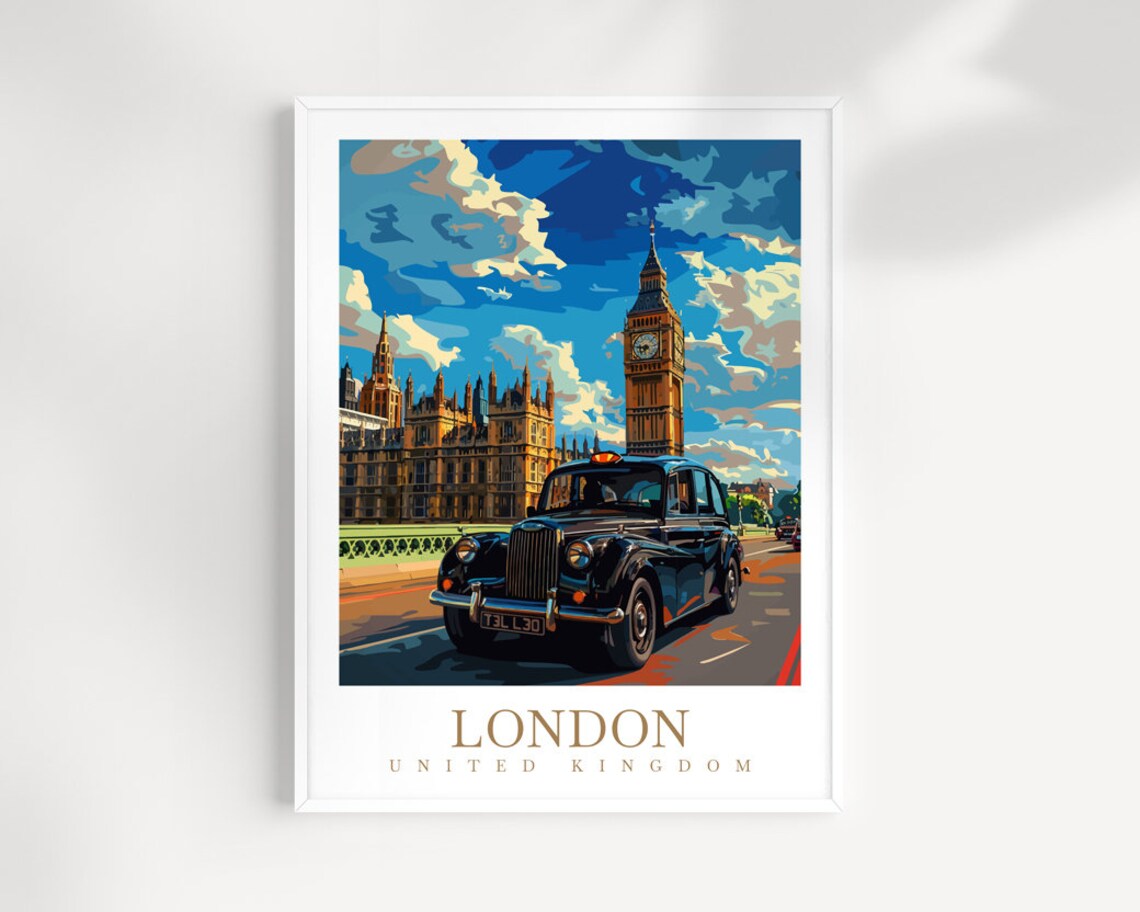 London United Kingdom Black Cab Big Ben Classic Street Scene Poster
