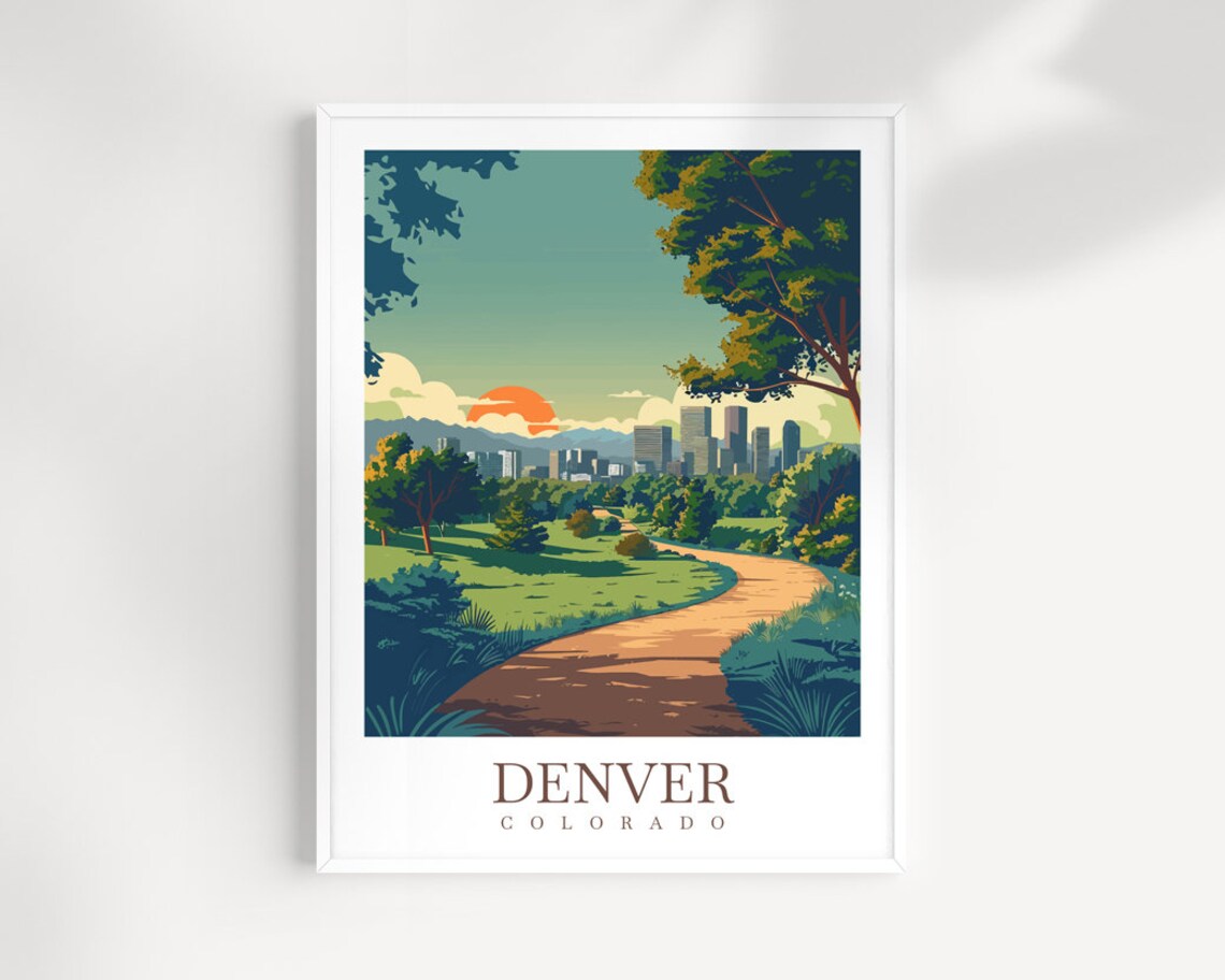 Denver Colorado Park Sunset Skyline Scenic Trail Travel Poster