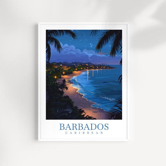 Barbados Caribbean Night Beach Starry Sky Ocean Moonlight Poster