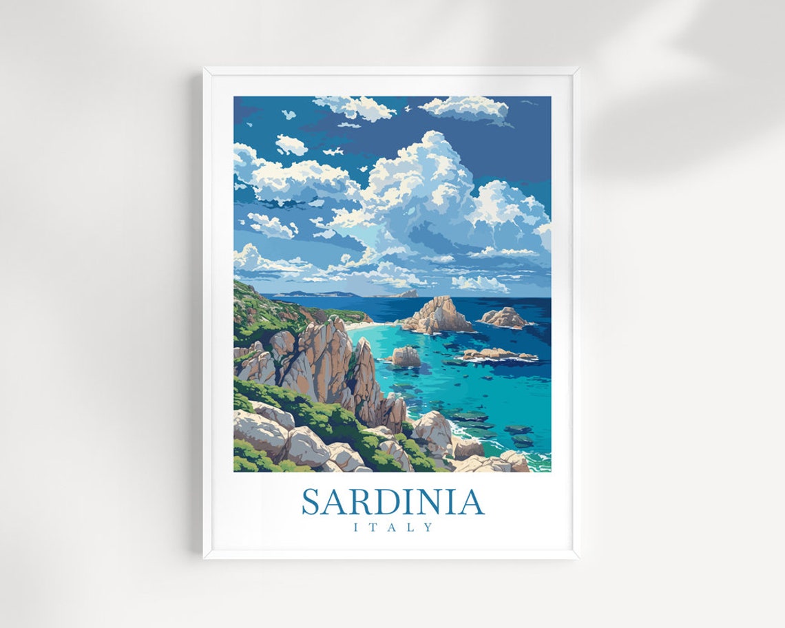 Sardinia Italy Rocky Cliffs Turquoise Sea Coastline Travel Poster
