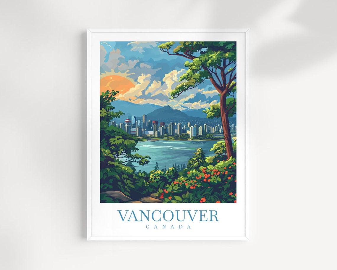 Vancouver Canada Harbor Sunset City Skyline Vintage Travel Poster