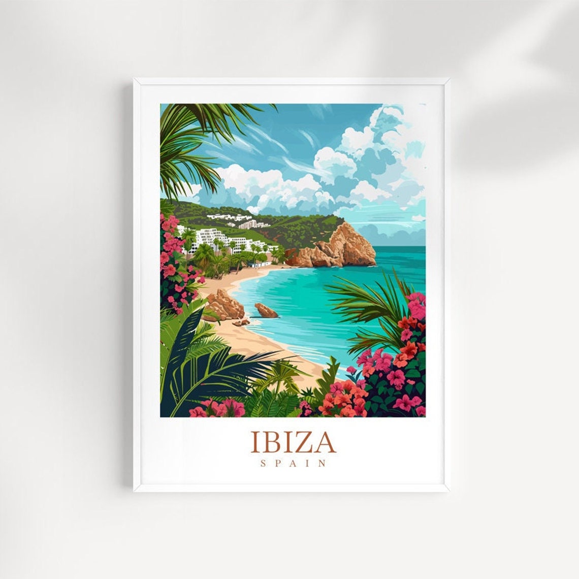 Ibiza Spain Sandy Beach Palm Trees Bougainvillea Travel Poster