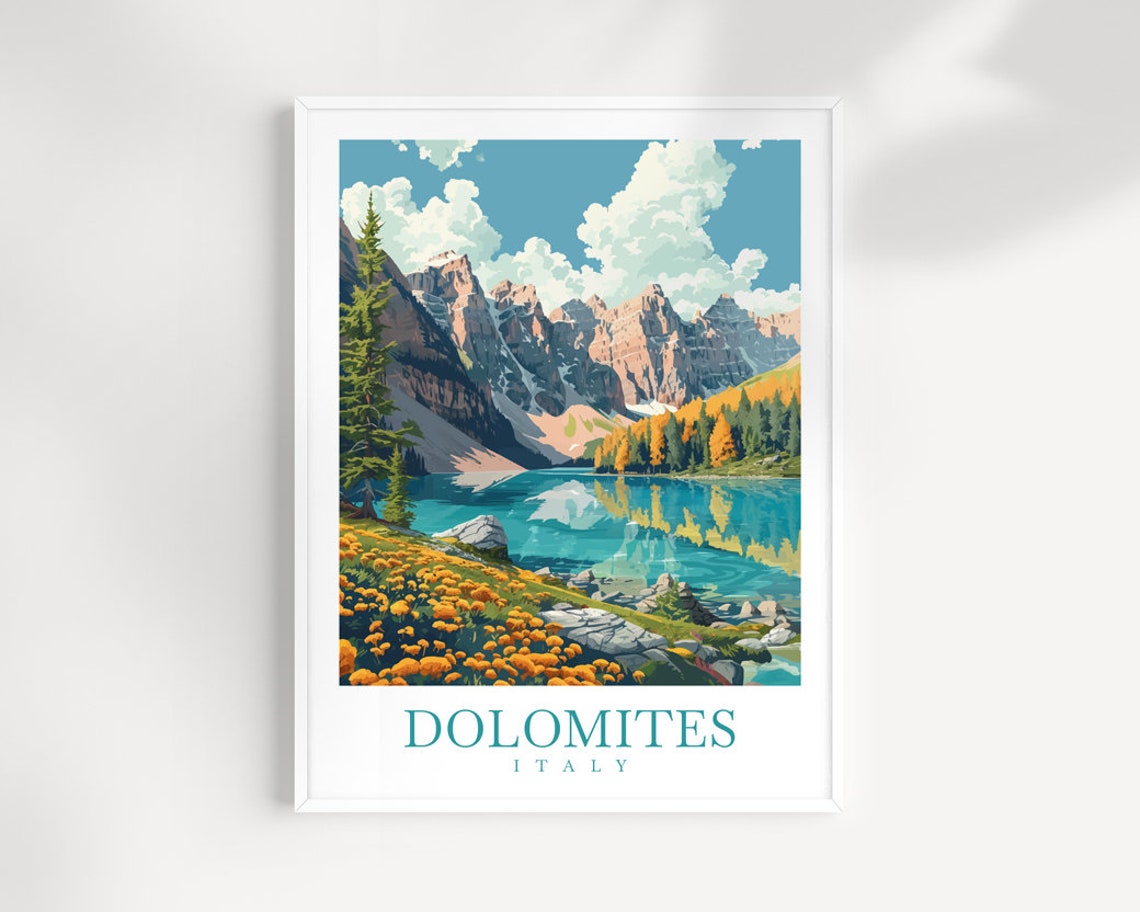 Dolomites Italy Shimmering Alpine Lake Orange Wildflowers Poster