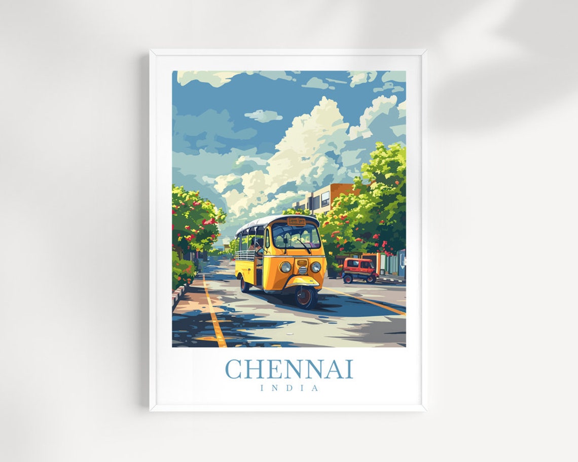 Chennai India Yellow Bus On Tree Lined Avenue Under Big Sky Poster