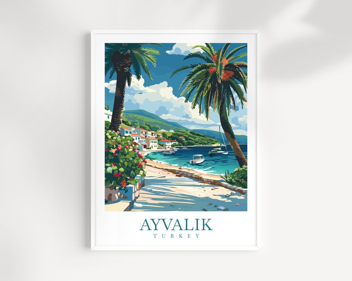 Ayvalik Turkey Seaside Promenade Palms Sailing Boats Travel Poster