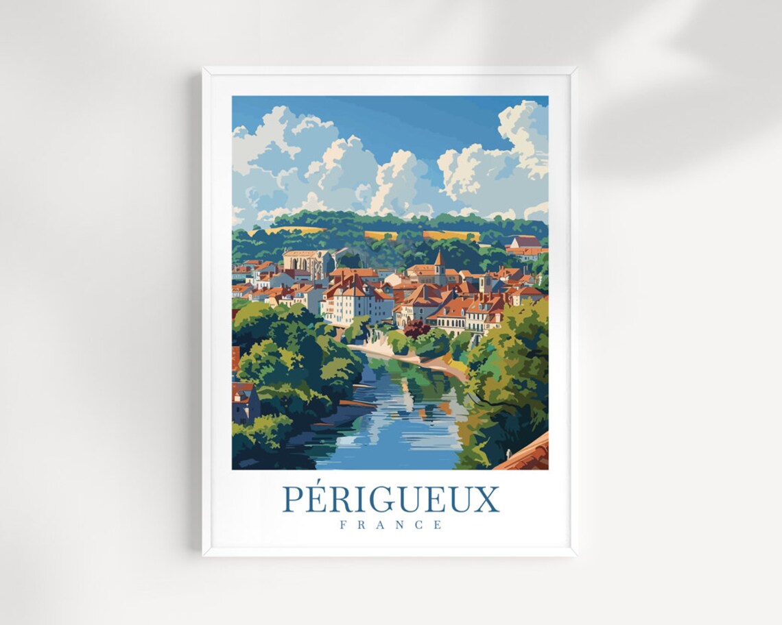 Perigueux France River Town Red Roofs Riverside Vintage Travel Poster