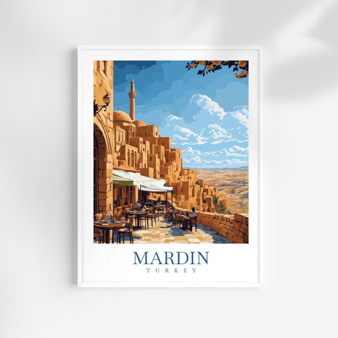 Mardin Turkey Travel Poster Rooftop Cafe Stone City View Sunset Art