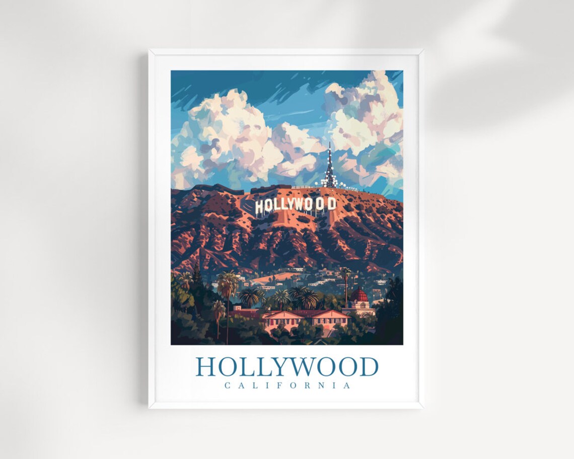 Hollywood California Sign Dusk Pink Clouds Hills Travel Poster