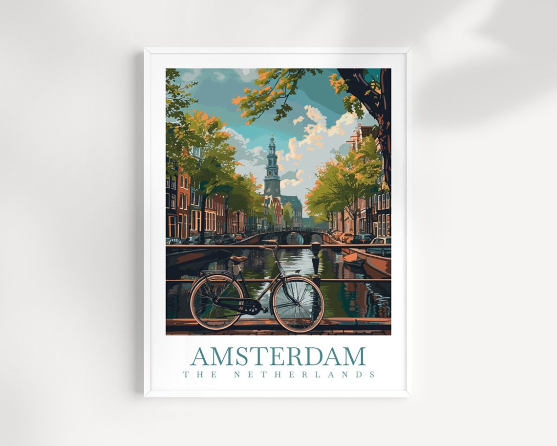 Amsterdam Netherlands Canal Bicycle Bridge Vintage Travel Poster