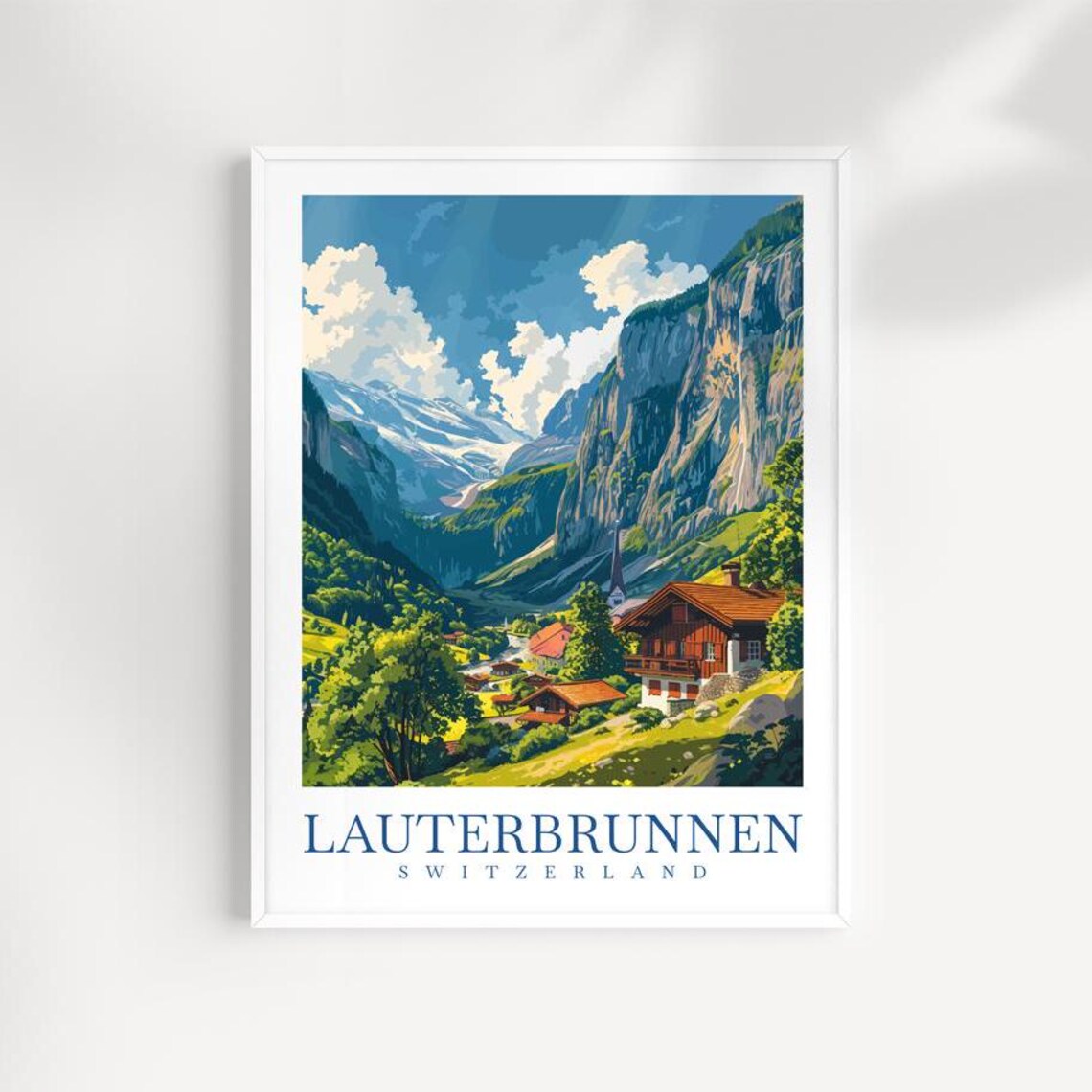 Lauterbrunnen Switzerland Travel Poster Alpine Valley Chalet View Art
