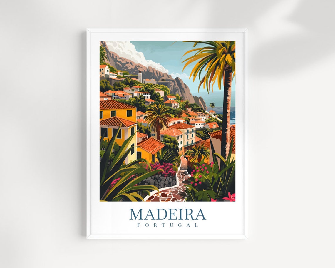Madeira Portugal Hillside Village Poster With Palms And Mountain Peaks