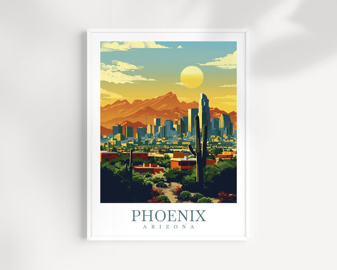 Phoenix Arizona Desert Sunset Skyline Cactus Vintage Travel Poster