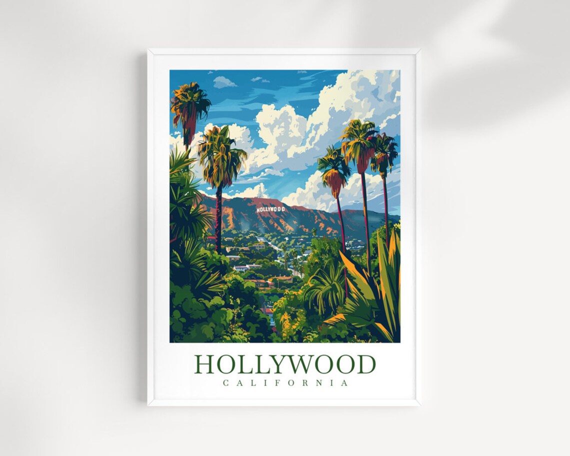 Hollywood California Sign Palm Trees Hillside Day Travel Poster