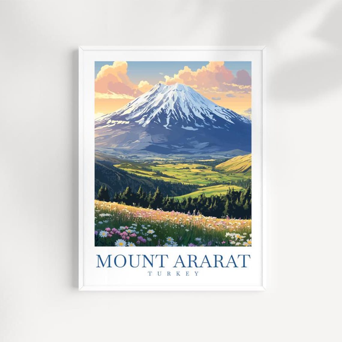 Mount Ararat Turkey Travel Poster Snow Capped Peak Wildflowers Art
