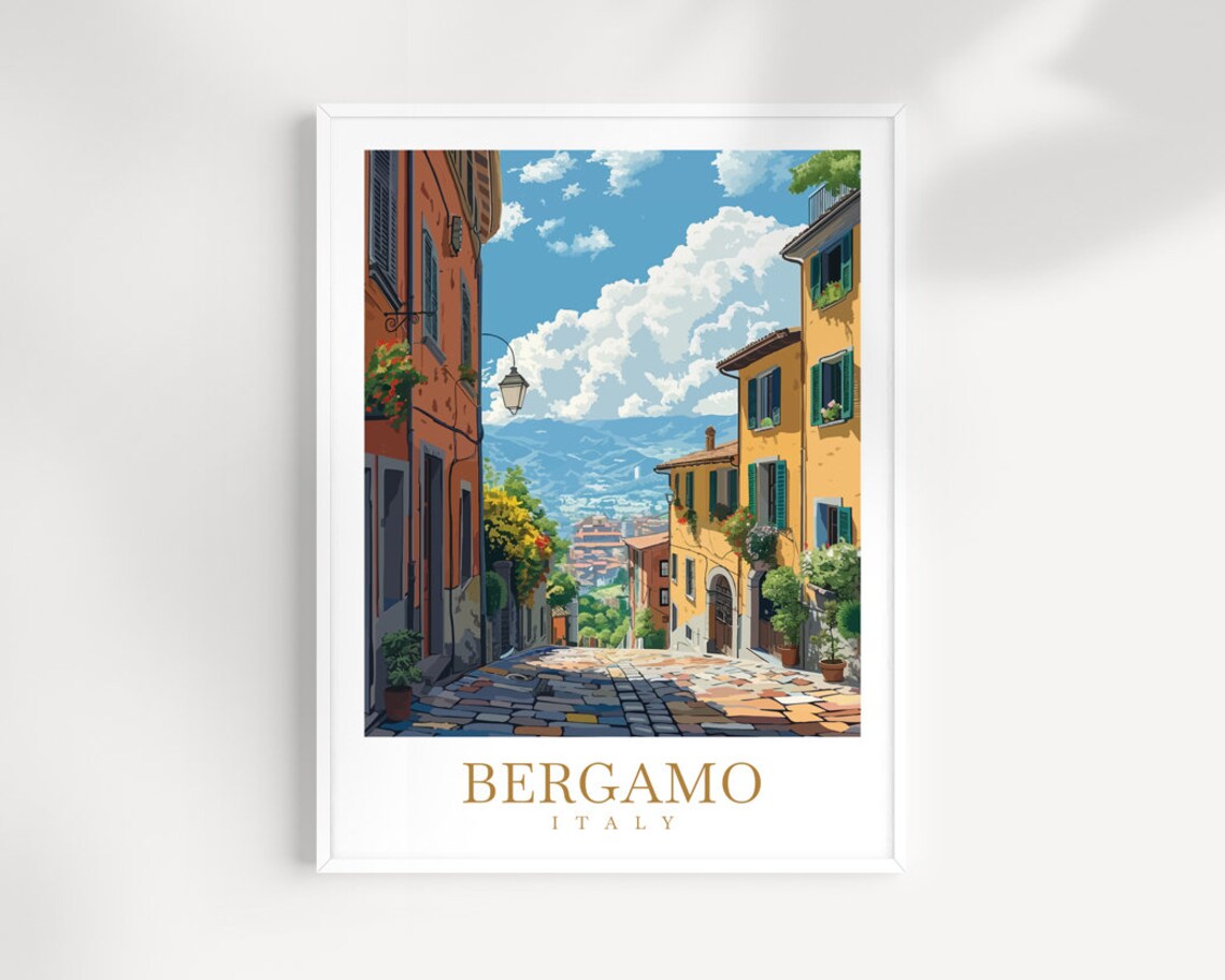 Bergamo Italy Old Town Cobblestone Street Valley View Poster