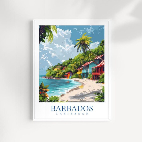 Barbados Caribbean Colorful Beach Village Tropical Travel Poster