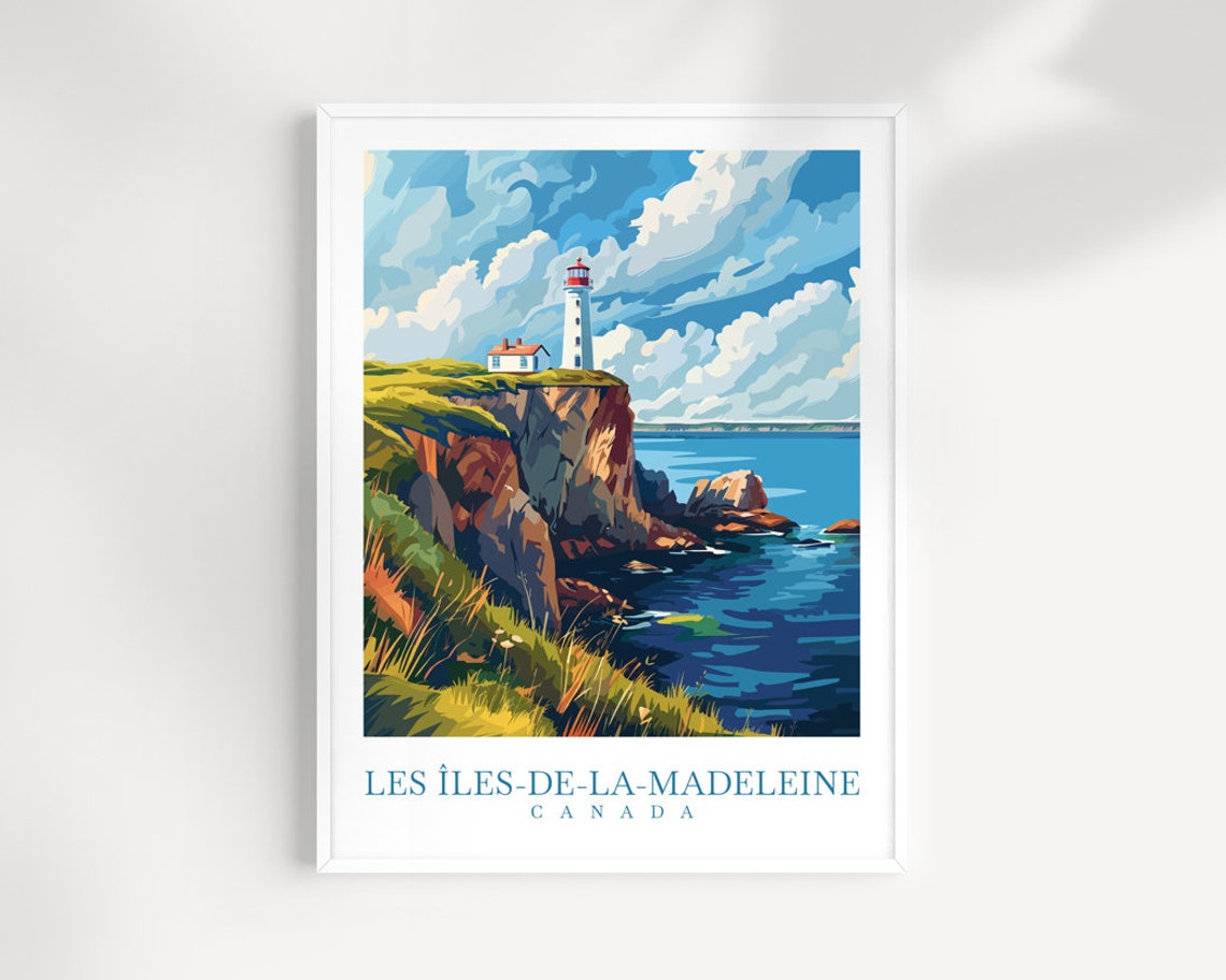 Madeleine Islands Lighthouse Red Cliffs Canada Coastline Poster