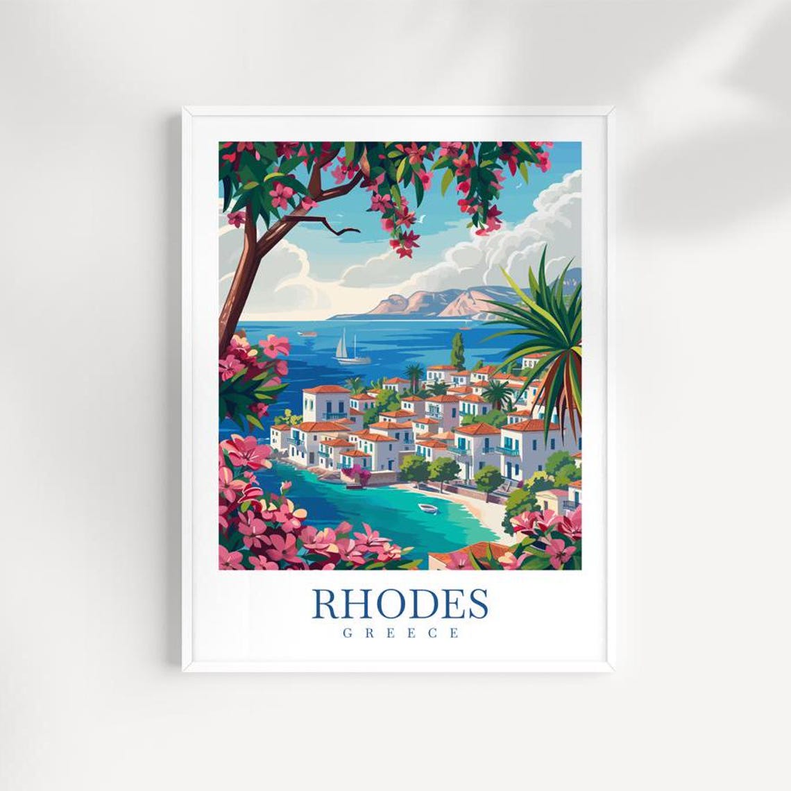 Rhodes Greece Whitewashed Village Bougainvillea Harbor Travel Poster