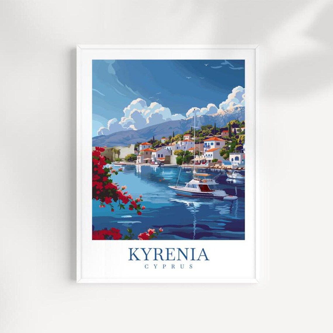 Kyrenia Cyprus Scenic Marina Yachts Deep Blue Harbor Travel Poster