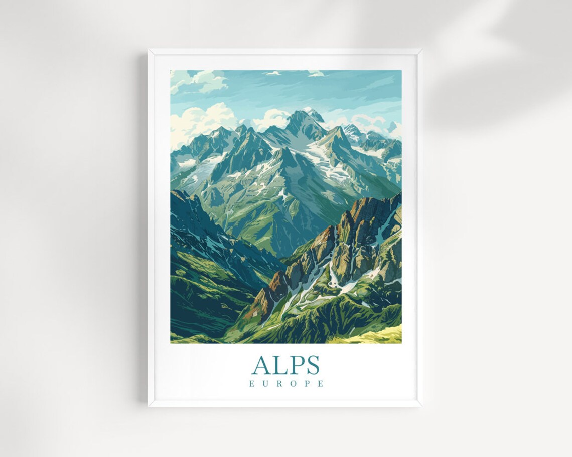 Alps Europe Green Snow Capped Mountain Peaks Valley Travel Poster