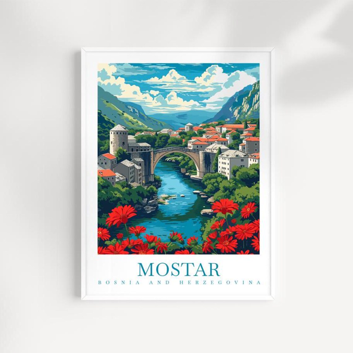 Mostar Bosnia and Herzegovina Old Bridge River Day Travel Poster