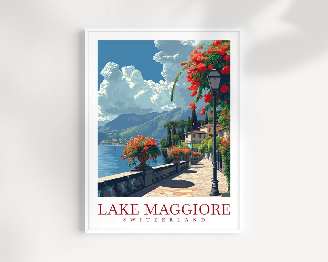 Lake Maggiore Switzerland Red Flowers Lakeside Path Travel Wall Art