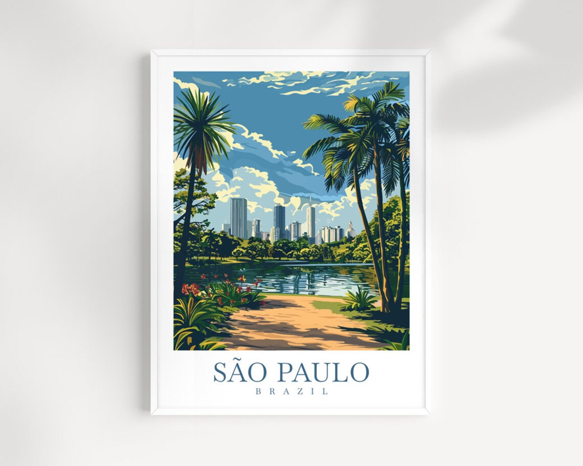 Sao Paulo Brazil Tropical Park Lake Palms City Skyline Poster
