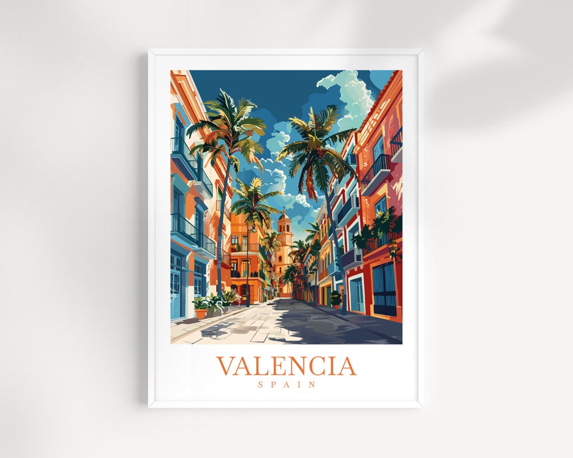 Valencia Spain Palm Lined Street Poster With Colonial Balconies